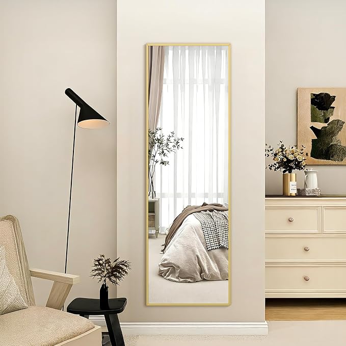 Mirrorons 56"x18" Full Length Mirror, Floor Standing or Wall Mounted with Hanging Kit, Shatterproof Tempered Glass Mirror for Living Room, Bedroom, Dressing Room, Gym (Gold)
