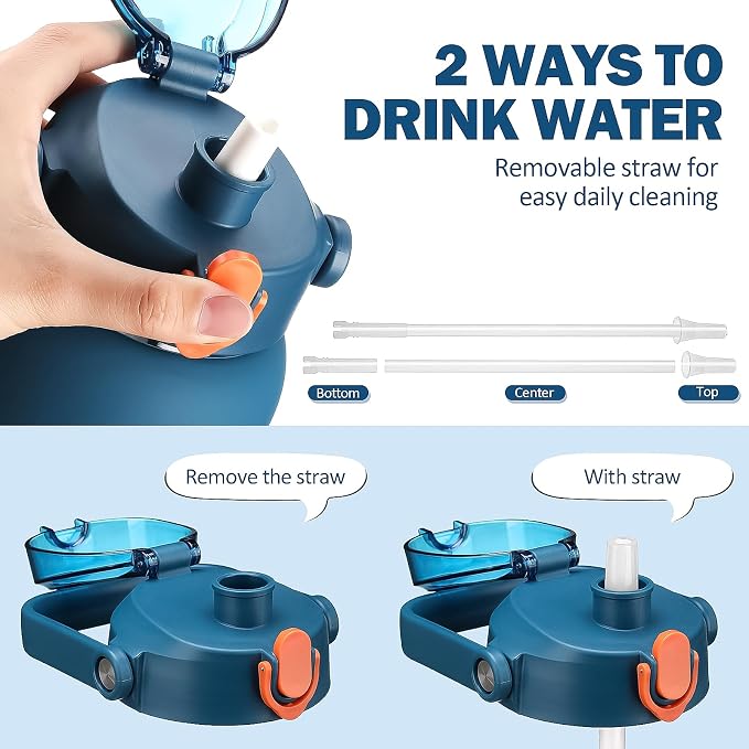 56oz Glass Water Bottles with Straw, Motivational Glass Bottle with Silicone Sleeve and Time Marker, Leakproof Large Glass Water Jug for Gym Home Office,Blue