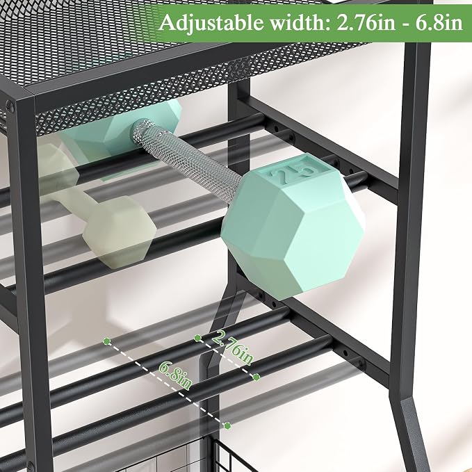 Home Gym Storage Rack, Dumbbell Rack with Yoga Mat Storage, Weight Rack Stand with Lockable Wheels and Hooks, Home Workout Equipment Organizer for Yoga, Dumbbell, Kettlebells, Ball Storage