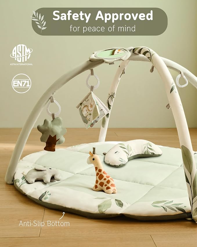 Baby Play Gym & Mat, Tummy Time Mat for Babies 0-12 Months, Green | Machine-Washable Foldable Activity Mat with 5 Detachable Toys; Certified Safe Newborn Essentials Gift for Baby Registry