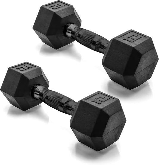 CAP Rubber Coated Dumbbell Weights, Free Weights for Home Gym Strength Training, Anti-Roll Hex Dumbbells with Black, Chrome & Comfort Grip Handles, Pairs & Sets