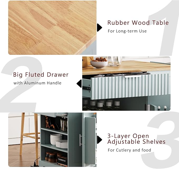 Merax Fluted Kitchen Island with Trash Can Storage Cabinet, Power Outlet, Internal Storage Rack, Rolling Kitchen Storage Cart on 5 Wheels with 3 Drawer, 3 Open Side Racks, Gray