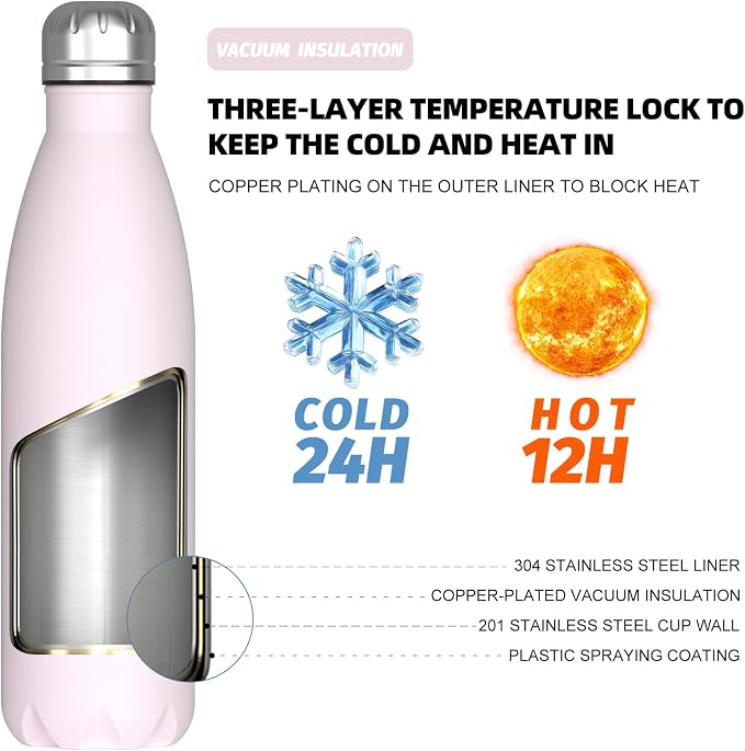WATERSY Stainless Steel water bottles,17oz/500ml Insulated Water Bottle | Pink metal water bottle Keeps Drink Cold and Hot,BPA Free kids water bottles for School,Gym,Travel,Sports