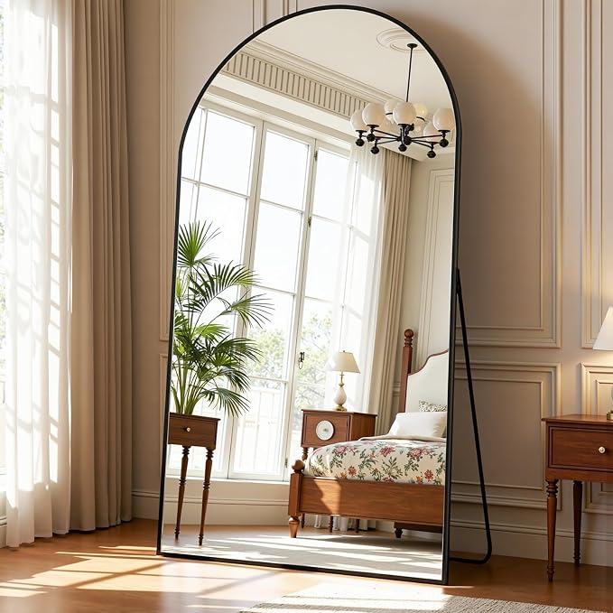 Full Length Mirror 90" L x 46" Full Body Standing Mirror for Bedroom, Living Room, Gym, Dorm - Shatter-Resistant & Easy Assembly, Arched Style Black
