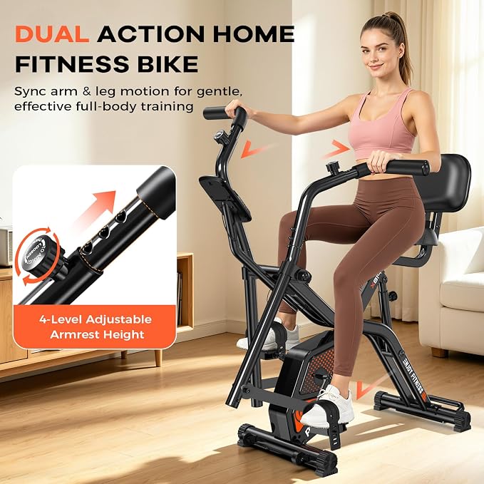 pooboo Folding Exercise Bike, Foldable Upright Stationary Bike, Indoor Cycling Magnetic X-Bike with 8-Level Adjustable Resistance, 6.6 LBS Flywheel, 300LB Capacity, Back Support Cushion for Home Gym
