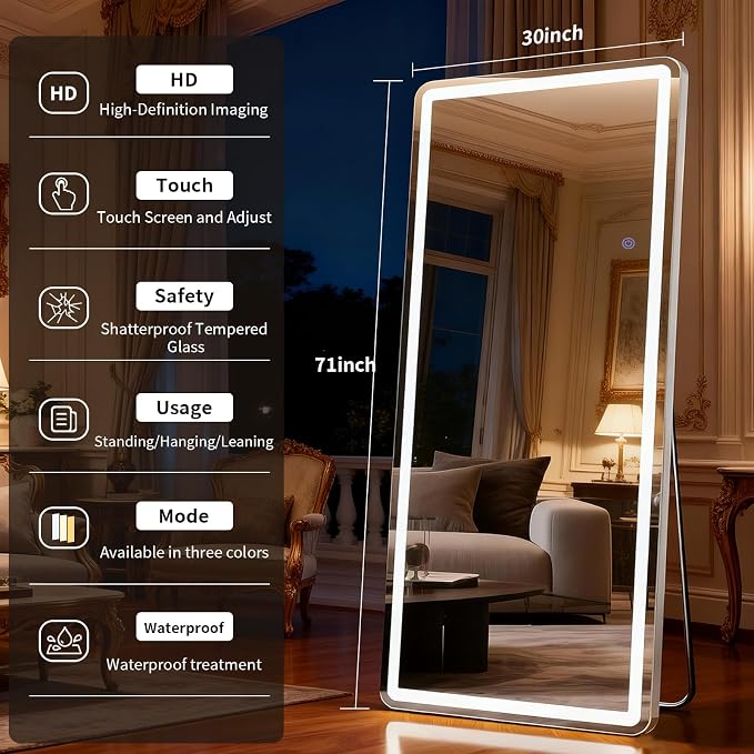 Led Mirror Full Length 30 x 71 with Dimming & 3 Color Lighting | Tempered Glass Lighted Full Body Mirrors Standing Leaning or Hanging Full Length led Mirrors for Bedroom Dressing Room Rect