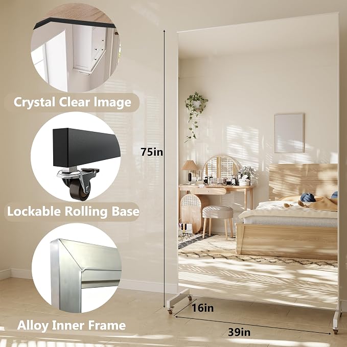 71”x 39” Extra Large Full Body Floor Mirror with 360° Lockable Wheels, Super Lightweight Glassless Shatterproof Surface, Rolling Full-Length Mirror for Yoga, Dance Studio, Home Gym, White