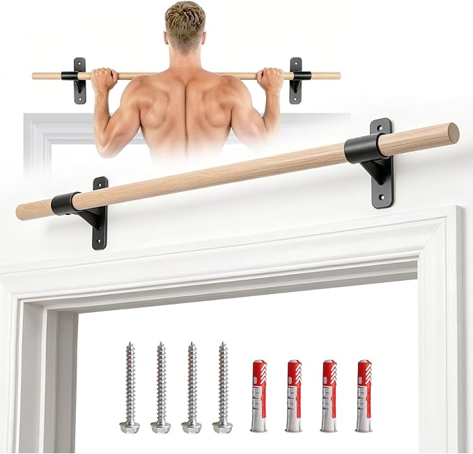 Wall Mounted Pull Up Bar | Solid Wood Pull Up Bar for Home Gym | 286 lb Chin Up Bar with Fischer Anchors | 1.14 in Grip Hanging Bar for Rope & Ab Training