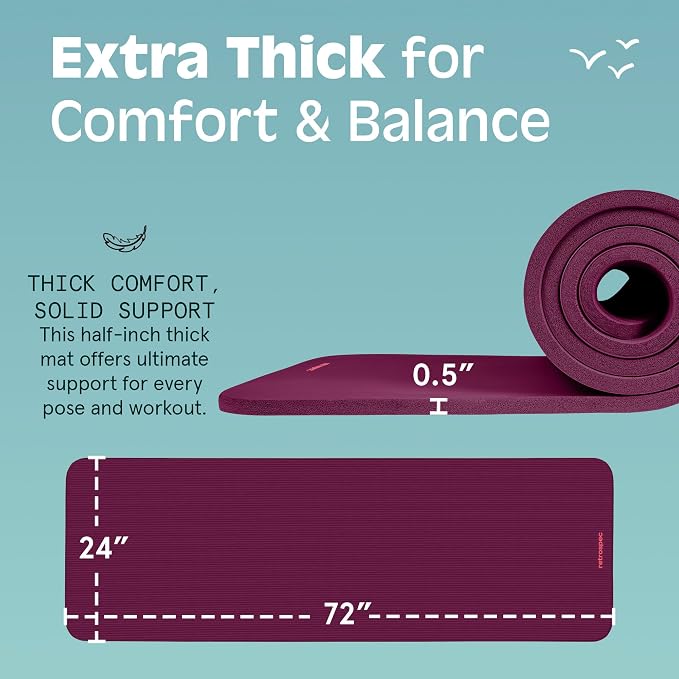 Retrospec Solana Yoga Mat Thick 1/2in Non-Slip Workout Mat with Nylon Strap - 72x24in Exercise Mat for Pilates, Stretching & Fitness - BPA Free, Easy Clean
