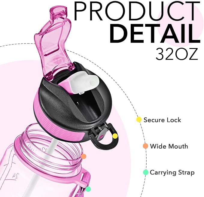 Hyeta Water Bottle with Straw & Time Marker, Plastic 32oz Leakproof | Motivational Tritan BPA Free Gym Office Outdoor Intake Tracker Hourly Reminder Straw Lid Carry Strap