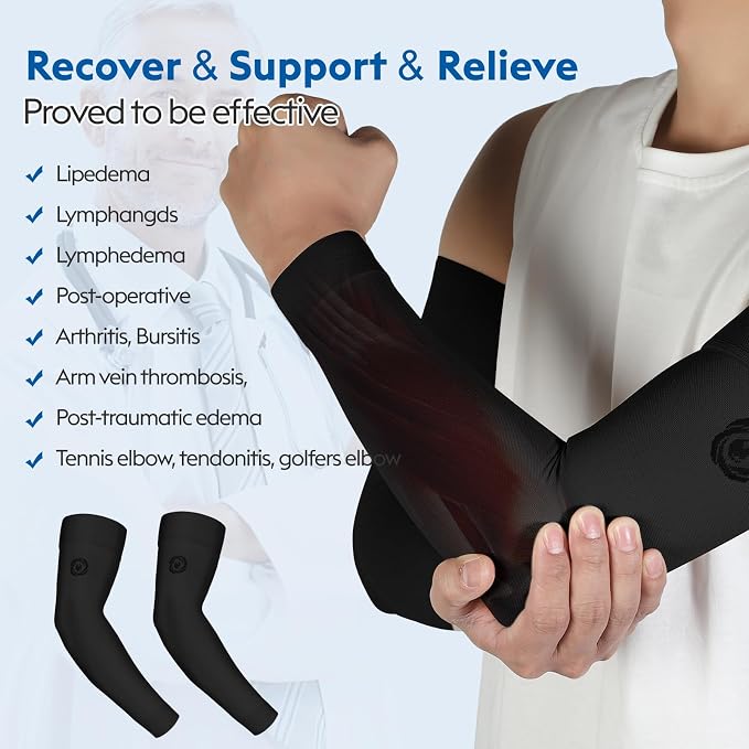 NURCOM Compression Arm Sleeve, 20-30 mmHg, With Silicone, Black 2XL | For Lymphedema, Lipedema, Pain Relief, Edema, Swelling, Post Surgery Recovery, 2 Pack