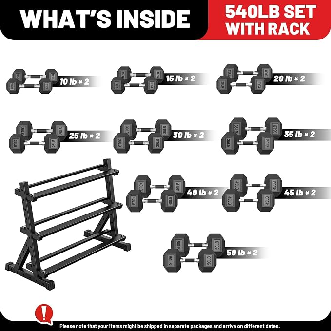PAPABABE Dumbbell Set with Rack, 540-850lb, Rubber Encased, Home Gym | Complete & Durable Cast Iron Core Odorless PVC Antiroll Hex Shape Ergonomic Chrome Handle Versatile Home Gym