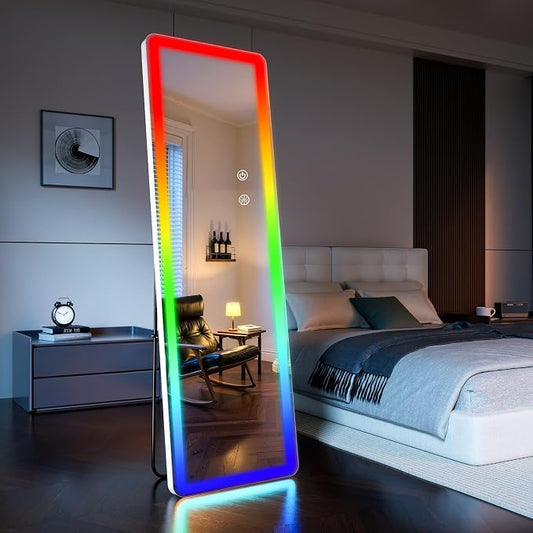 Koonmi LED Full Length Mirror, 63"x20" Full Length Lighted Mirror with Remote Control, RGB Color Changing Lights, 7 Dynamic Modes, Dimmable Brightness