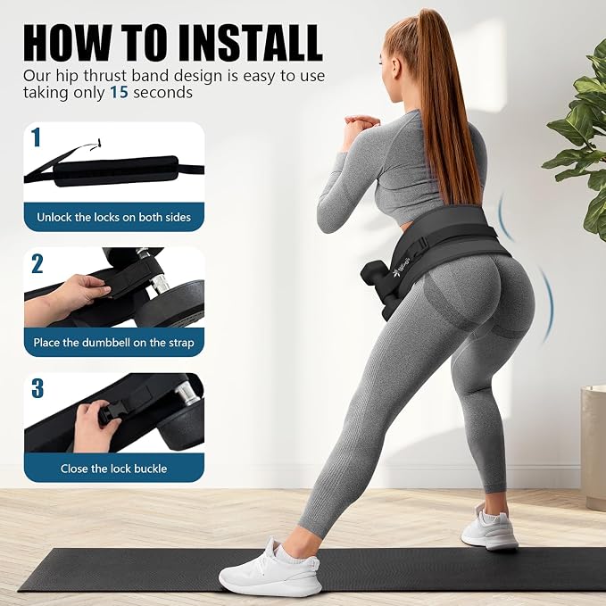 Hip Thrust Belt, Leather Dumbbell Booty Workout Belt | Adjustable non-slip booty belt for hip thrusts, fits dumbbells kettlebells plates, home gym exercise equipment