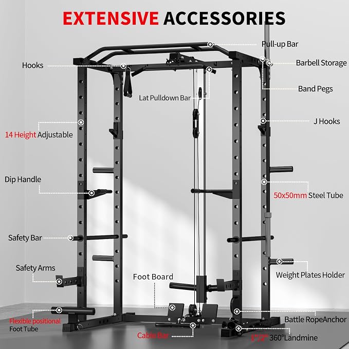 JEEKEE Power Rack with LAT Pulldown, 2000LBS Power Cage with Cable System, Multi-Function Squat Rack with J-Hooks, Safety Bars, Landmine, Pull Up Bar & Attachments for Home Gym Strength Training,Black