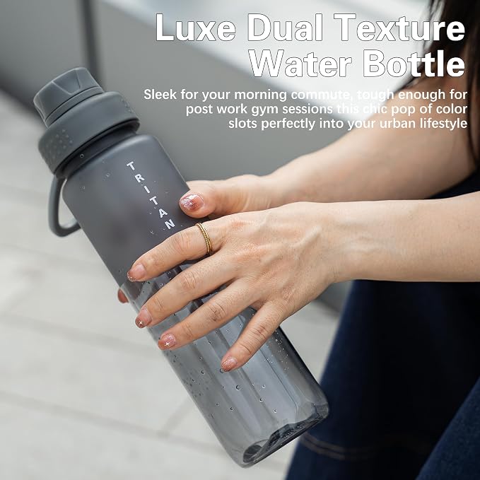 OLDLEY 32 oz Water Bottle with Handle, BPA-Free Tritan Reusable Sports Water Bottle with Leak-Proof Dust Lid, Wide Mouth, Cup Holder Friendly, Half Frosted Clear Bottle for Gym, Travel, Work,Gray
