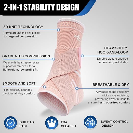 ABIRAM Ankle Brace for Men & Women - Adjustable Compression Sleeve with Wrap, Stability Support & Relief for Sprained Ankle, Plantar Fasciitis & Achilles Tendonitis - Breathable Running & Sports Gear