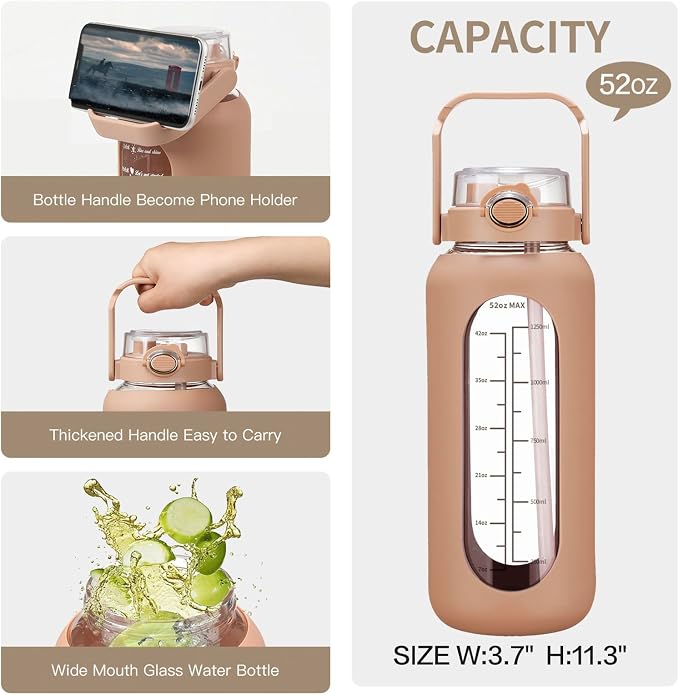 chunmo 52oz Glass Water Bolttles with Straw Half Gallon Large Motivational Water Bottle with Time Marker Sports Water Bottles with Silicone Sleeve and Handle Lid Water Jug for Gym Workout