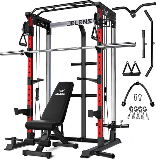 JELENS C21 Power Cage, 2000LBS Multi-Function Power Rack with Independent Dual Pulley System, All-in-One Squat Rack for Cable Crossover, Home Gym Workout Machine