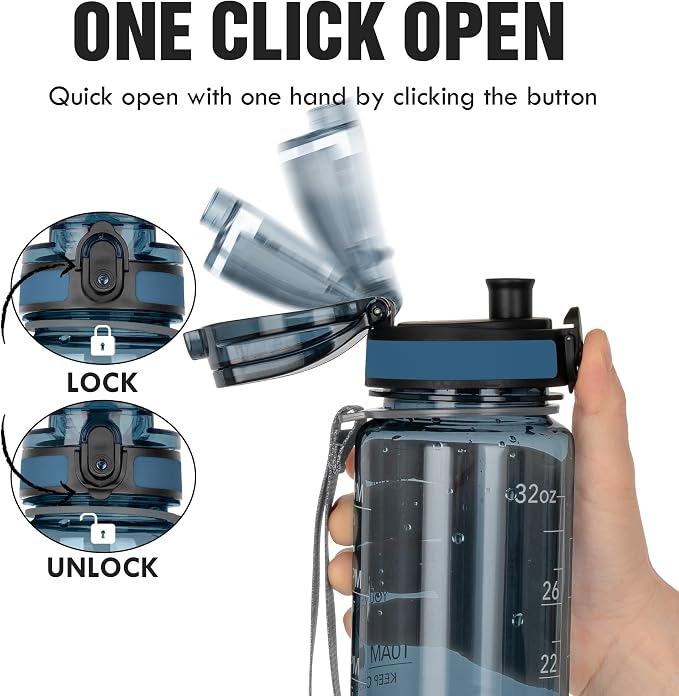 OLDLEY Water Bottle, 32oz Motivational Sports Water Bottle with Time Marker - Times to Drink - Tritan, BPA Free, Wide Mouth Leakproof,Misty Teal