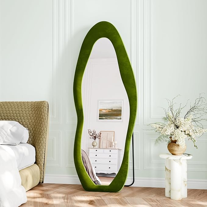 Full Length Mirror, 63"x24" Flannel Full Body Mirrors | Velvet Floor Mirrors with Stand, Irregular Wavy Mirror Hanging or Leaning Against Wall for Bedroom Living Room, Green