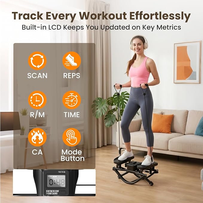 Rock Stepper for Home Exercise, Side-to-Side Mini Stepper with Bands, Low-Impact Cardio for Glutes Legs Core, Quiet LCD Fitness Machine