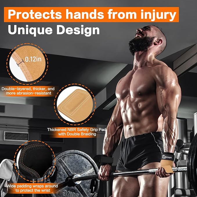 Weight Lifting Wrist Strap, Double-Layer Leather Wrist Straps for Gym Strength Training Weightlifting,Deadlift and Powerlifting, Enhance Grip Strength Neoprene Padding Gym Workout Lifting Straps Men/Women Pair
