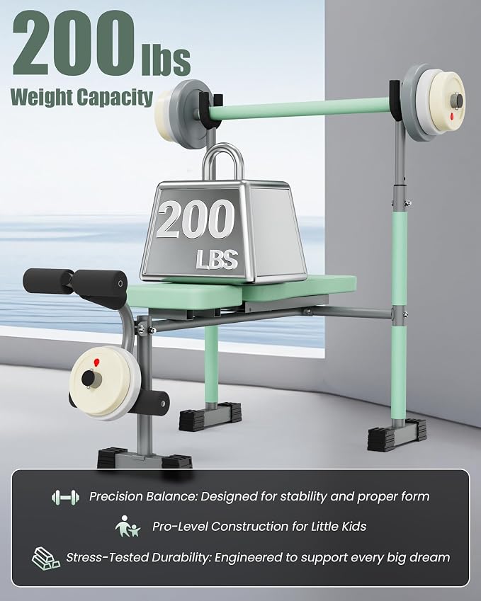 Kids Workout Equipment, Adjustable Kids Workout Bench with Preacher Pad & Leg Developer, Fillable Weight Plates for Home Gym Fitness & Exercise