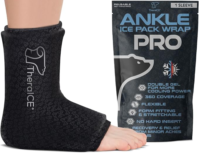 TheraICE Ankle Ice Pack Wrap PRO for Swelling, Sprained Ankle Support | FocusZone Extra Cooling, Foot & Heel Ice Wrap for Achilles Tendonitis, Plantar Fasciitis