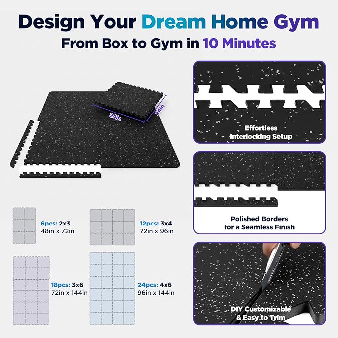 1'' Thick 96 Sq Ft Protective Gym Flooring for Home Gym, 24 Tiles Extra-Thick Rubber Top with High Density EVA Foam, Interlocking Exercise Equipment Mats, Heavy Weight Workout, Black & White