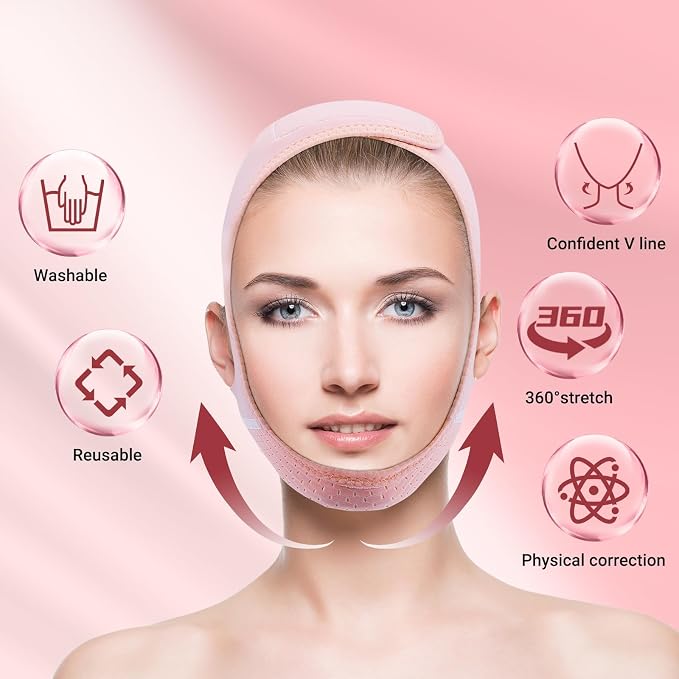 Juskaa Reusable V Line Lifting Mask with Chin Strap for Sleeping,Face Lift Prevent Sagging, Jaw Exerciser,pink,M