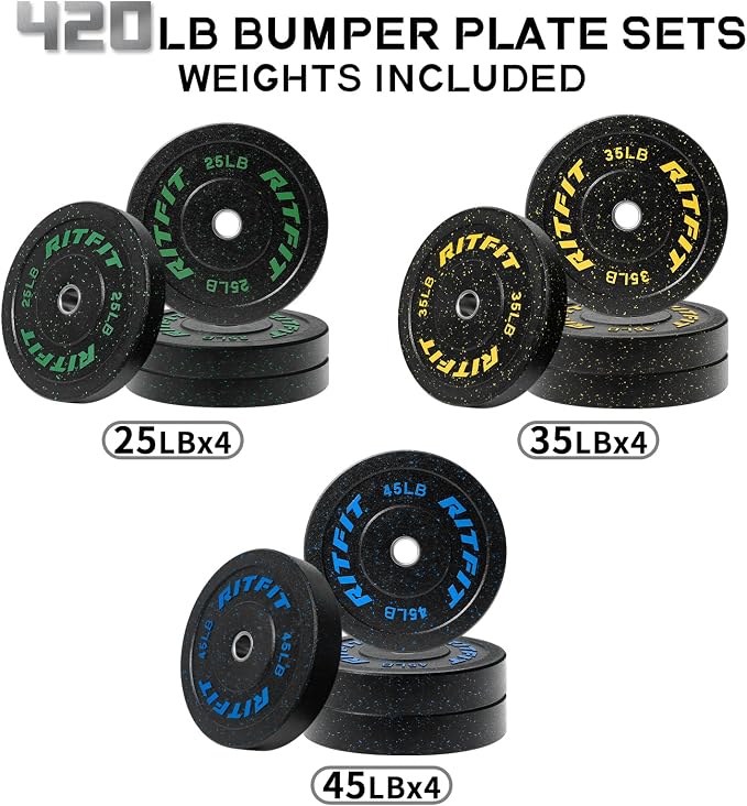 RitFit Bumper Plates, Colored Fleck-Rubber Weight Plates with Steel Insert, 2-inch Olympic Weight Plates for Weight Lifting and Strength Training