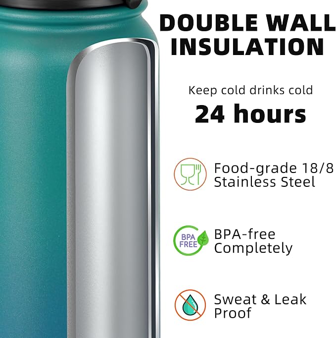 Fanhaw 24 oz Insulated Stainless Steel Water Bottle with Anti-Dust Chug Lid, Leakproof Vacuum Metal Everyday Use Bottle for Kids, Teens & Adults, Back to School Essentials (Green Blue)