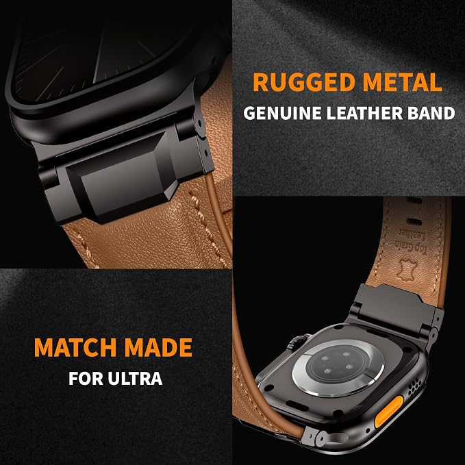 Bands Compatible with Apple Watch Ultra 3/2/1 Band 49/46/45/44mm | Genuine Leather Metal Connector Strap for iWatch Ultra Series 11/10/9/8/7/SE/6/5/4/3/2/1, Light Brown/Black