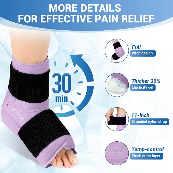 Comfytemp Ankle Foot Ice Pack Wrap, Ice Boot Gout Heel Ice Pack, Reusable | FSA Eligible HSA, Pain Relief Gift for Plantar Fasciitis, Sprain, Heel Spur, Swelling, Heat Ice Bag for Injuries, 1pc, Purple