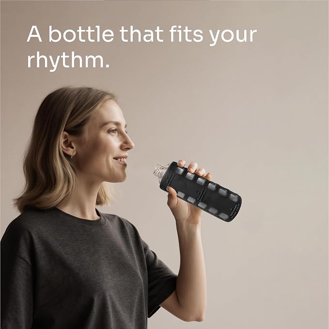 purifyou 40oz / 32oz / 22oz / 12oz Borosilicate Glass Water Bottle with Time & Volume Markers, Silicone Sleeve, Stainless Steel Lid | Reusable Glass Bottle for Water & Juice (12oz Jet Black)