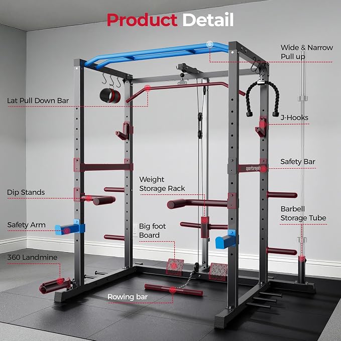 SPORTSROYALS Power Rack, Multi-Functional Power Cage, Squat Rack with Pulley System & LAT Pull Down, Workout Cage with J Hooks for Home Gym