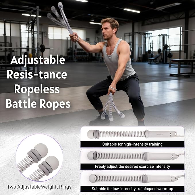 Portable Ropeless Battle Ropes for Men & Women,Adjustable Weights Cordless Battle Ropes for Home Gym,Exercise Ropes with Variable Resistance,for Strength & HIIT(Grey)