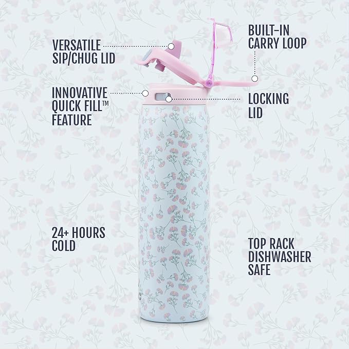 Ello Pop & Fill Insulated Stainless Steel Water Bottle with Quick Fill Lid, Leakproof Locking, Sip or Chug Spout, BPA-Free, Double Wall Vacuum Insulated for Sports, Travel & School- 22oz / 32oz / 40oz