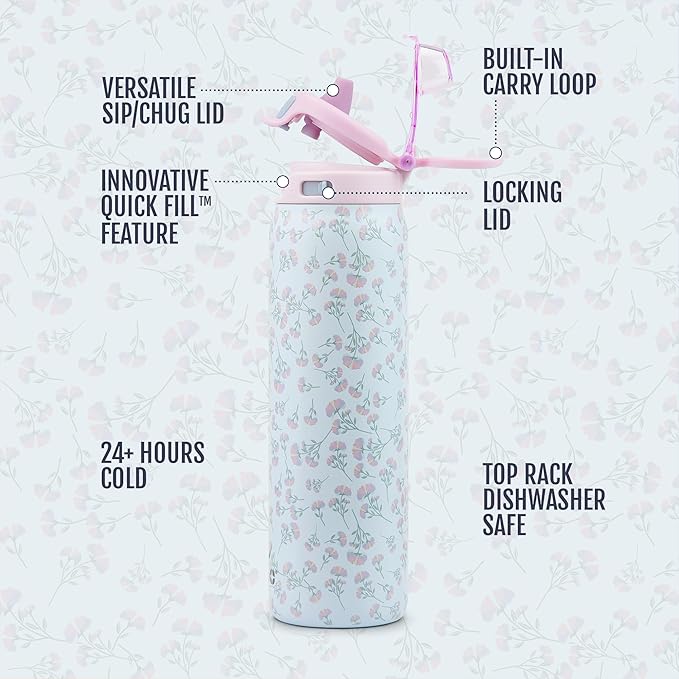 Ello Pop & Fill Insulated Stainless Steel Water Bottle with Quick Fill Lid, Leakproof Locking, Sip or Chug Spout, BPA-Free, Double Wall Vacuum Insulated for Sports, Travel & School- 22oz / 32oz / 40oz
