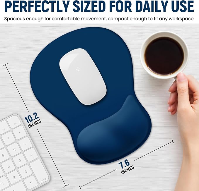 Ergonomic Mouse Pad with Wrist Rest, Gel Wrist Support, Navy Blue | 10.2 x 7.6 in Mouse Pad with Smooth Fabric Surface and Non-Slip Rubber Base for Office, Home, Study, and Gaming