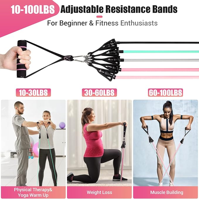 Resistance Bands with Handles for Women, 5 Level Exercise Bands | Workout Bands for Physical Therapy, Yoga, Pilates, Door Anchor, Storage Pouch, Training Poster