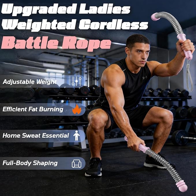Portable Adjustable Cordless Battle Ropes, Heavy Duty Ropeless Battle Rope Non-Slip Handle with Storage Bag for Small Space, Rope for Women HIIT Cardio Low-Impact Aerobic Training