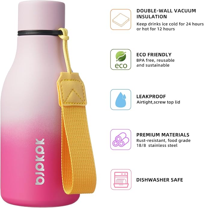 BJPKPK 12oz Insulated Water Bottle, Stainless Steel Bottle with Carry Strap | Keep Cold & Hot Vacuum Insulation, Leak-Proof BPA-Free Design, Slim Bottle Fits Most Cup Holders for Gym, Office & Travel