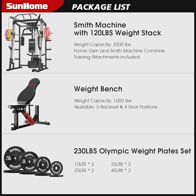 SunHome Smith Machine, 2000LBS Power Cage Squat Rack with Smith Bar, LAT Pull-Down Systems, Cable Crossover Machine for Home Gym