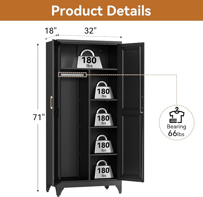 Polup 71" Tall Metal Armoire Wardrobe Closet with Lock | Heavy Duty Steel Clothing Storage Cabinet with Hanging Rod, 3 Adjustable Shelves & 2 Doors for Bedroom, Office, Broom, Black