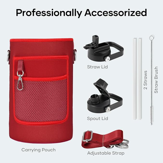 BUZIO 64oz Insulated Water Bottle with Straw Lid and Spout Cap, Stainless Steel Powder-Coat Water Flask, Keep Beverage Cold for 48 Hrs Hot for 24 Hrs Simple Thermo Canteen Mug, Red
