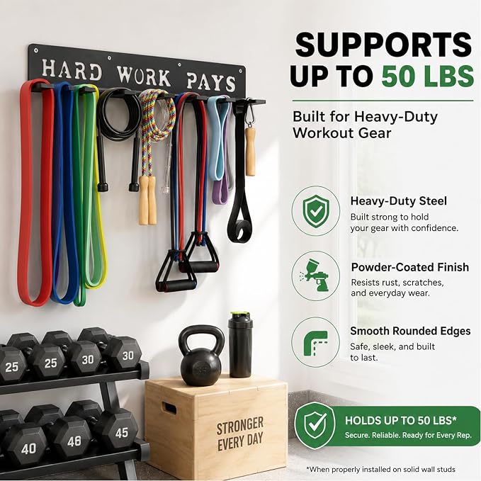 Home Gym Accessories Organization Storage Rack Equipment For Home 8 Hook Wall Hanger Display Gear Barbells Resistance Bands Jump Ropes Lifting Belt Hanger Accessories Hardware Included