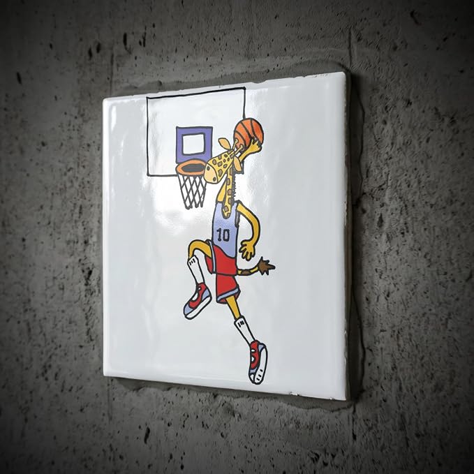 3dRose Cute Funny Giraffe Playing Basketball and Slam Dunking Ball 4 Inch Ceramic Tile