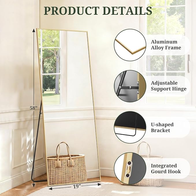 Mirror Full Length 58"x19", Rectangle Full Body Floor Mirrors with Stand | Shatterproof Glass, Aluminum Alloy Frame, Free Standing, Wall Mounted or Leaning for Bedroom Living Room Entryway
